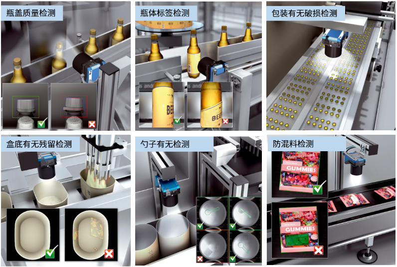 瓶蓋質(zhì)量檢測，瓶體標(biāo)簽檢測，包裝有無破損檢測，盒底有無殘留檢測，勺子有無檢測，防混料檢測.png